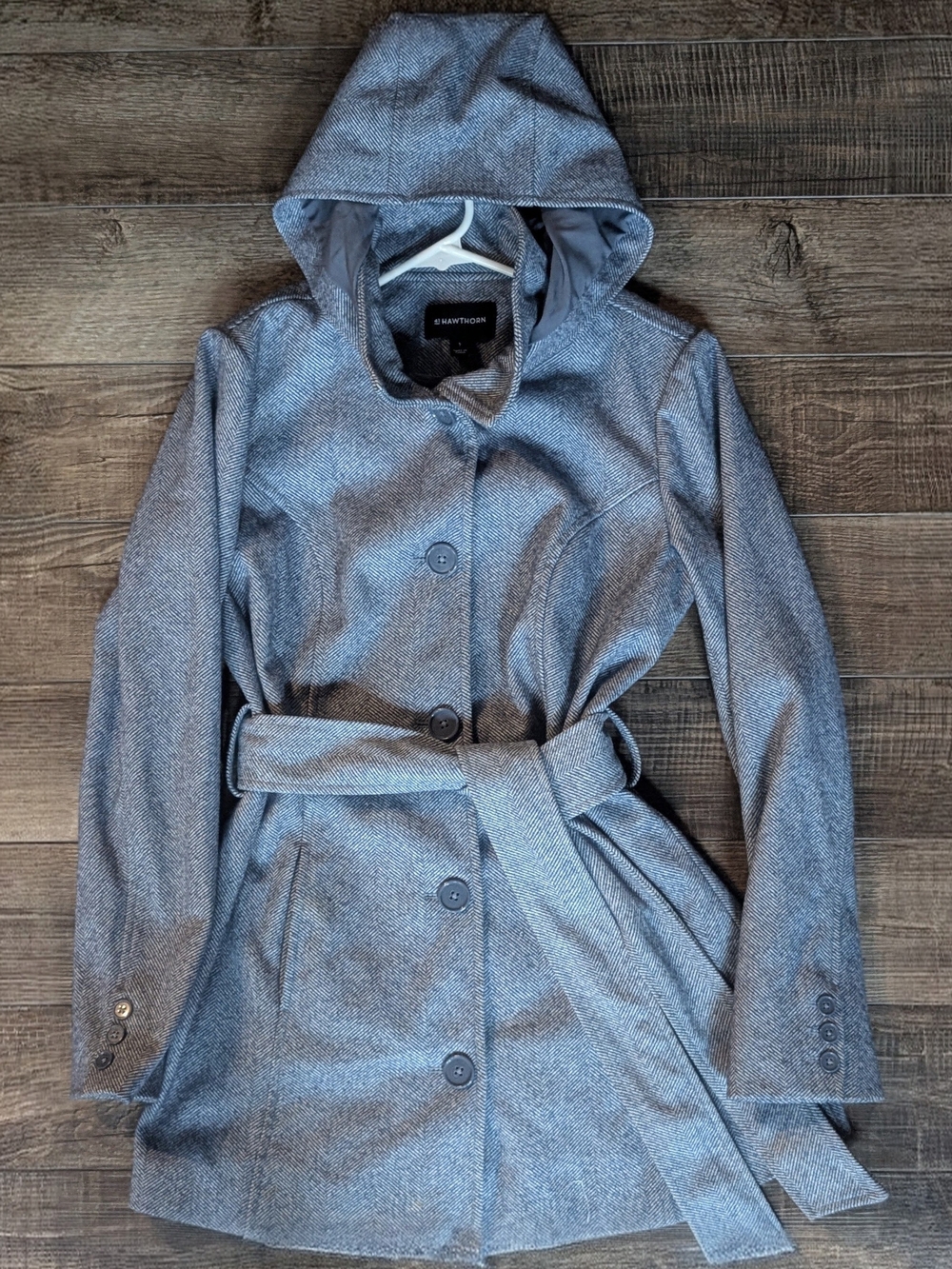 41 Hawthorn Kelsey Herringbone Hooded Belted Coat - Blue/White - Size Small EUC
